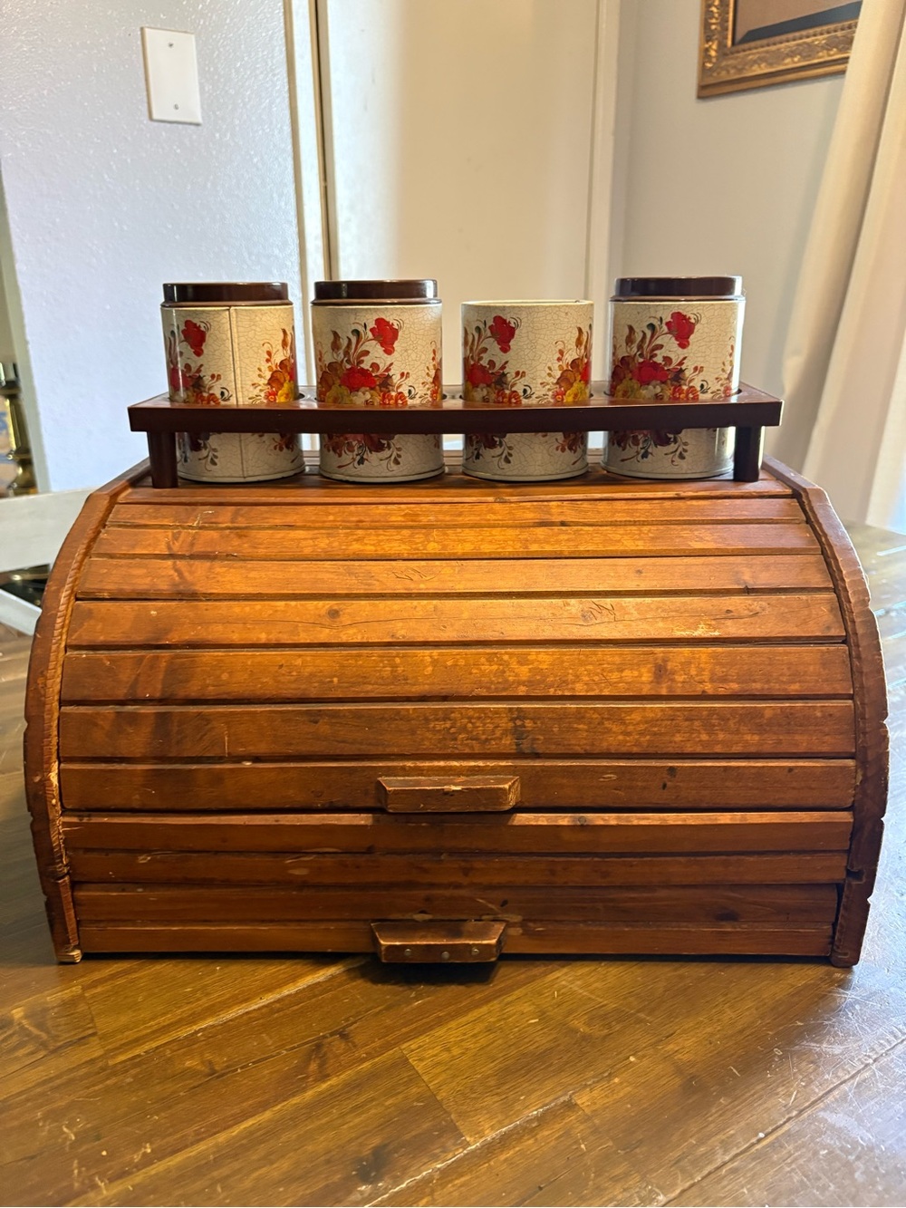 Vintage Roll Top Wooden Bread Box Floral Tin Canisters Spice Rack Storage Granny